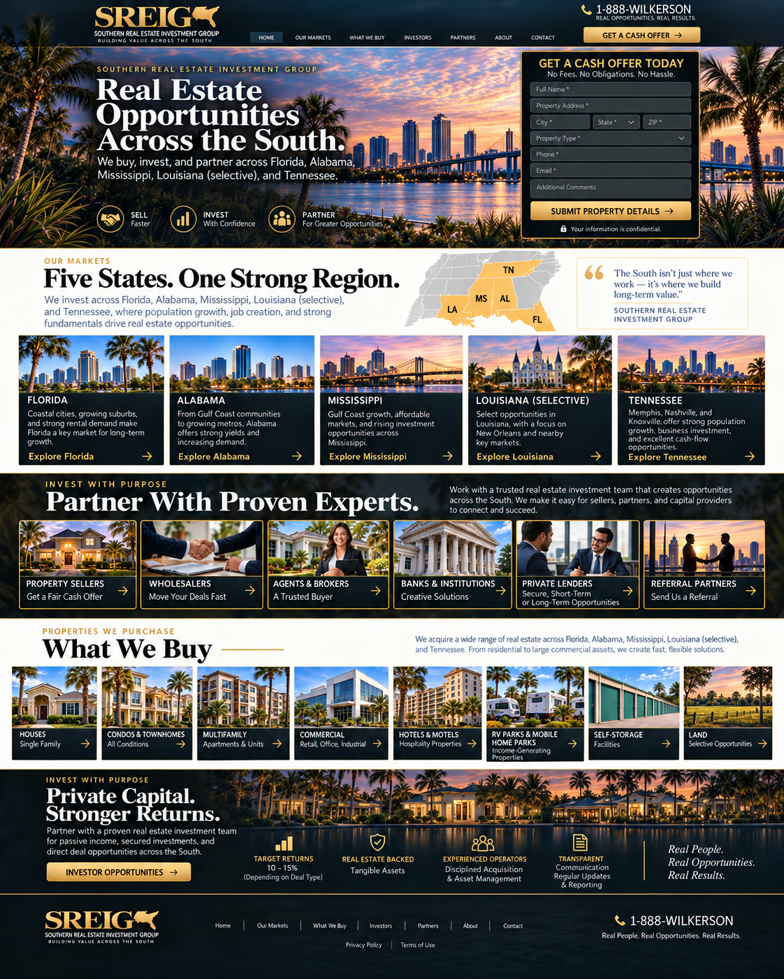 Southern Real Estate Investment Group approved homepage showing Florida, Alabama, Mississippi, Louisiana and Tennessee markets, property types, partner categories and private capital opportunities.